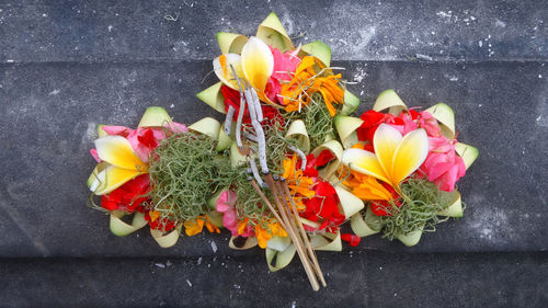 High angle view of various flowers on table