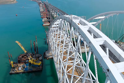 High angle view of ship moored at sea