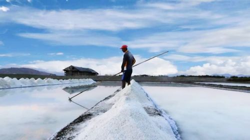 Man working on snow covered landscape against sky