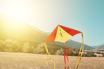 Triangular kite soars into the sky over hills. soft focus, toned