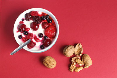 High angle view of fruits in bowl against red background