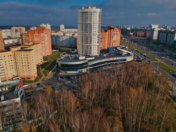 High angle view of buildings in city against sky