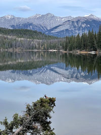 Scenic view of lake by mountains against sky