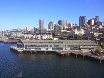 River with buildings against clear blue sky