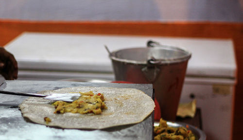 Close-up of breakfast served on table