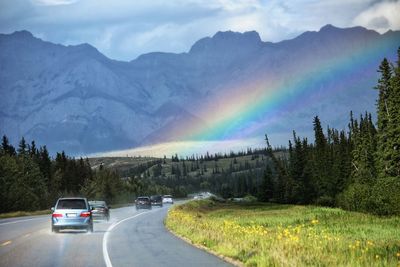 Scenic view of rainbow over country highway