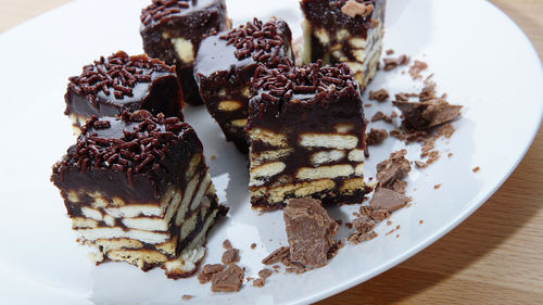 High angle view of ice cream in plate on table