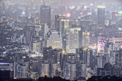 High angle view of illuminated buildings