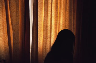 Rear view of silhouette woman standing against window at home