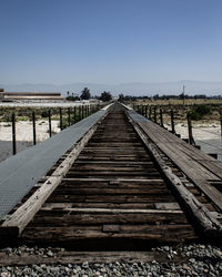 Surface level of railroad tracks against clear sky