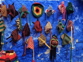 Multi colored knit hats hanging from blue wall