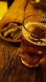 High angle view of beer glass on table