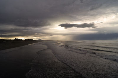 Scenic view of beach against sky during sunset