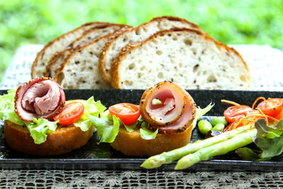 Close-up of breakfast served on table