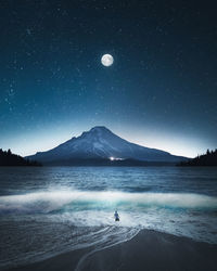 Rear view of man standing at beach against star field in sky at night