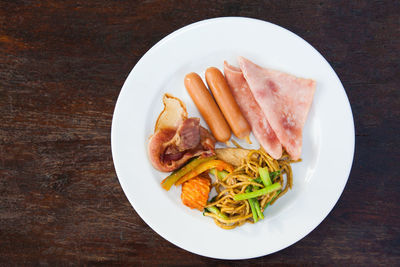 High angle view of food served on table