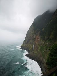 Scenic view of sea by mountains against sky