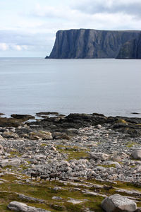 Scenic view of sea and mountains against sky