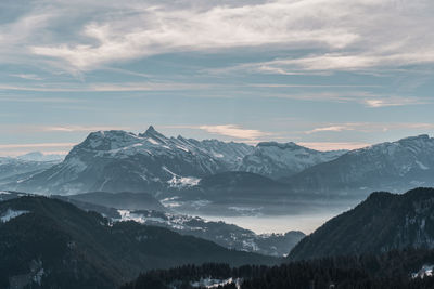 Scenic view of snowcapped mountains against sky