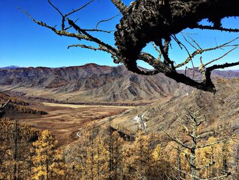 Scenic view of landscape and mountains against blue sky