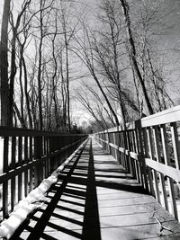 Footbridge amidst bare trees against sky