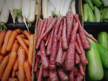 Full frame shot of various vegetables arranged at market stall