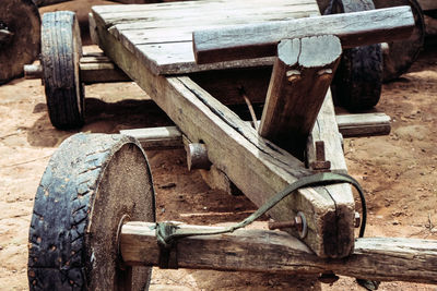 Close-up of old rusty wheel on field