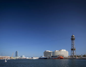 Sea by buildings against clear blue sky