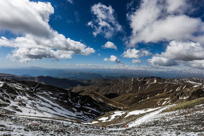 Aerial view of snowcapped mountains against sky