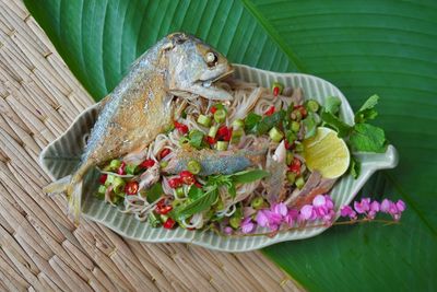 High angle view of fish in plate