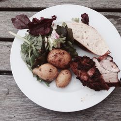 Close-up of served food on table