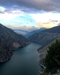 Scenic view of lake against sky during sunset