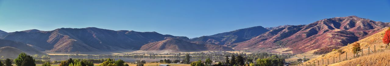 Panoramic view of mountains against clear blue sky