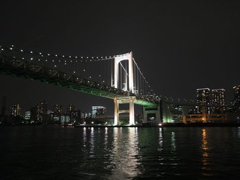 Illuminated bridge over river at night