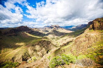 Panoramic view of mountains against blue sky