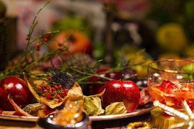 Close-up of fruits in plate on table