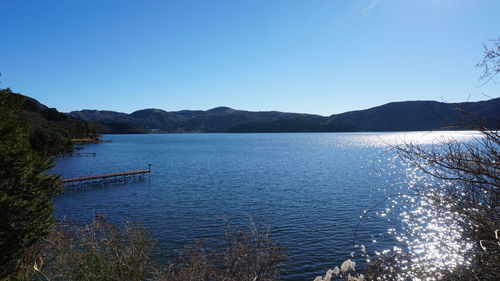 Scenic view of lake against clear blue sky