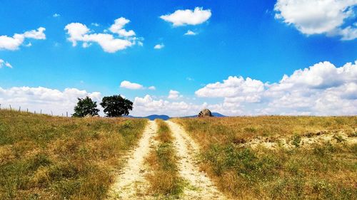 Dirt road amidst field against sky