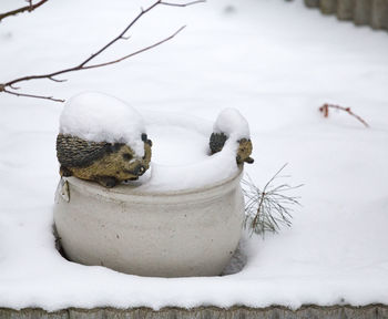 Artificial hedgehogs on pots covered with snow