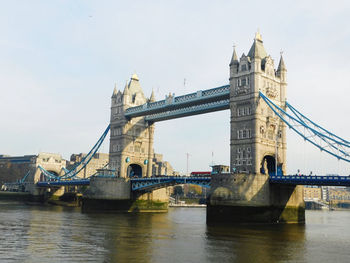 Bridge over river with city in background