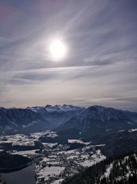 Scenic view of snowcapped mountains against sky during sunset