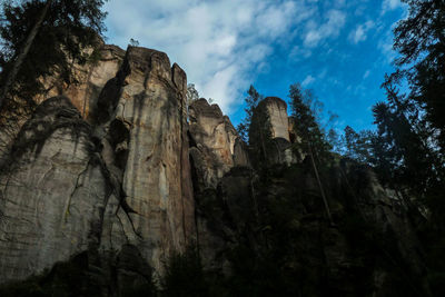 Low angle view of trees against cloudy sky