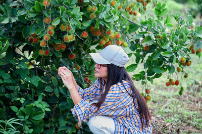 Agriculture woman sitting under rambutan tree in the orchard