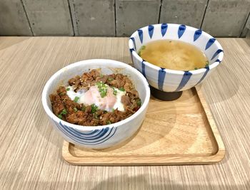 High angle view of food in bowl on table