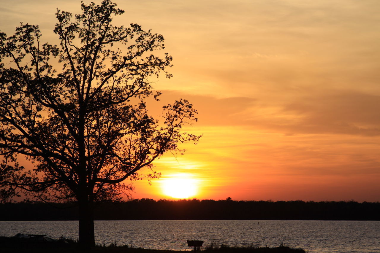 SILHOUETTE TREE BY LAKE AGAINST ROMANTIC SKY