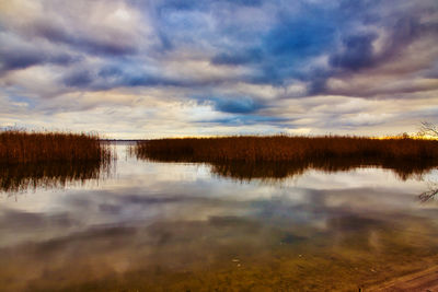 Scenic view of lake against sky during sunset