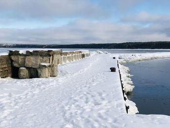 Scenic view of snow covered field against sky