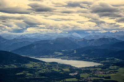 Aerial view of valley and mountains against sky