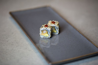 High angle view of sushi on table