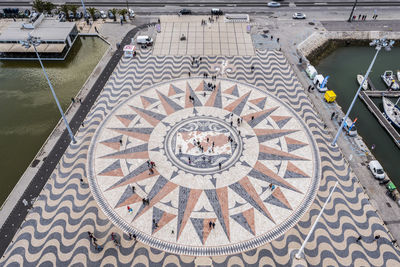 High angle view of people on patterned floor